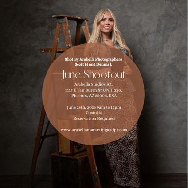 Photography shootout event announcement with a woman posing beside a ladder.
