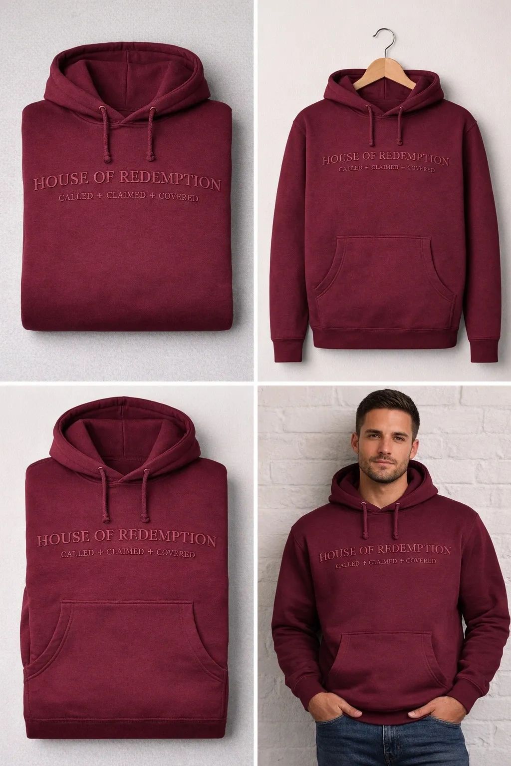 Maroon hoodie with 'HOUSE OF REDEMPTION' text, shown folded, hanging, and worn by a model.