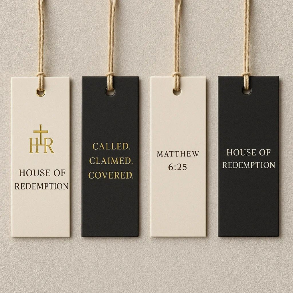 Four hanging tags with religious and inspirational text in black and white.