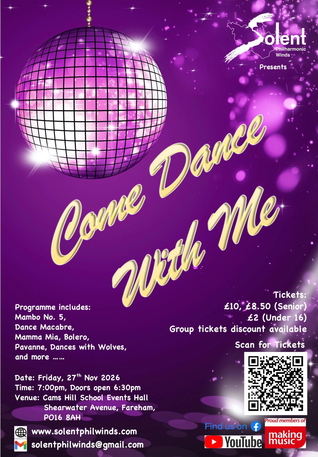 Solent Philharmonic Winds dance event poster with disco ball and ticket info.