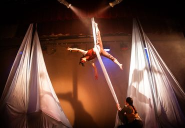 Renee performs aerial silks during a theatrical show with dramatic shadowy lighting.