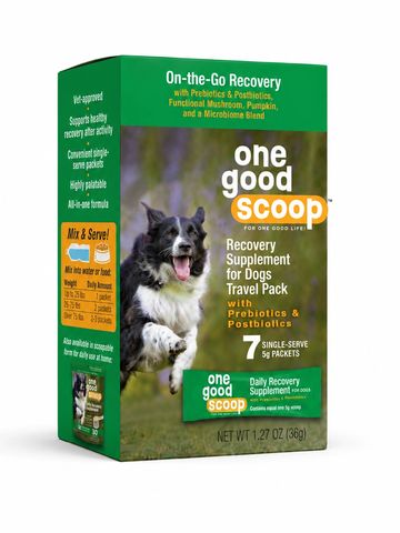 Recovery supplement for dogs in travel packs.