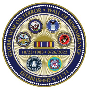 Emblem honoring the Global War on Terror with military branch seals and key dates.