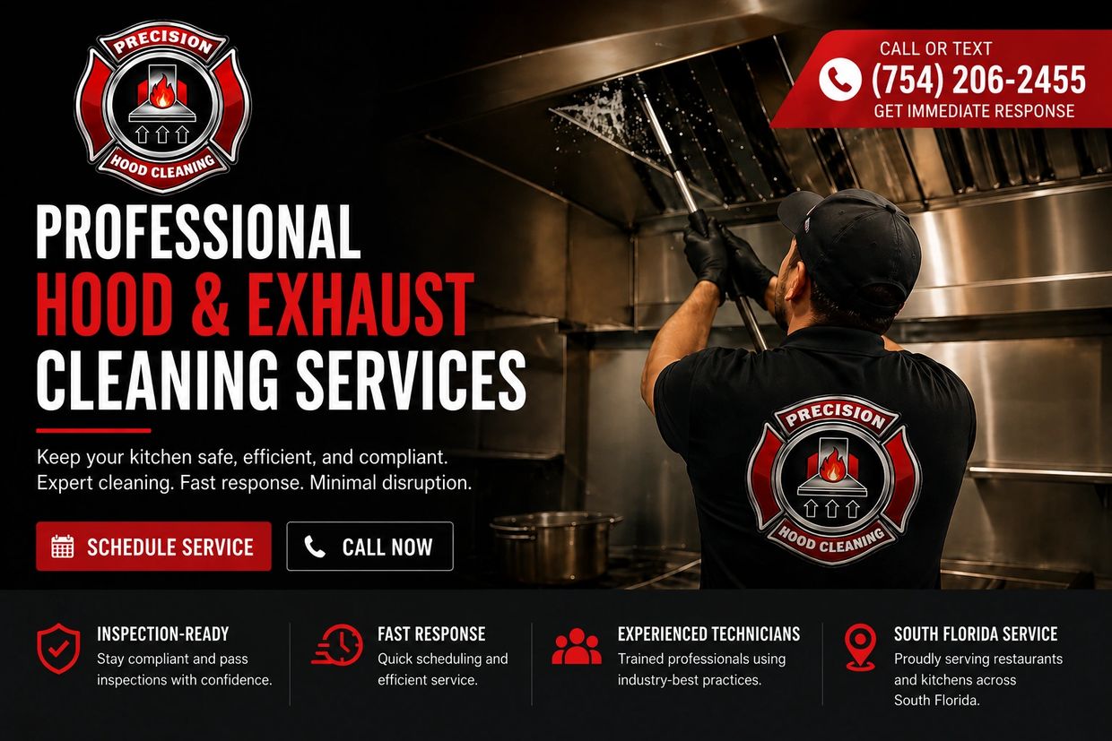 Professional hood and exhaust cleaning service advertisement with contact details.
