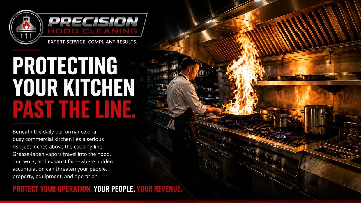 Precision Hood Cleaning commercial kitchen exhaust hood above active cooking line with chef and flam