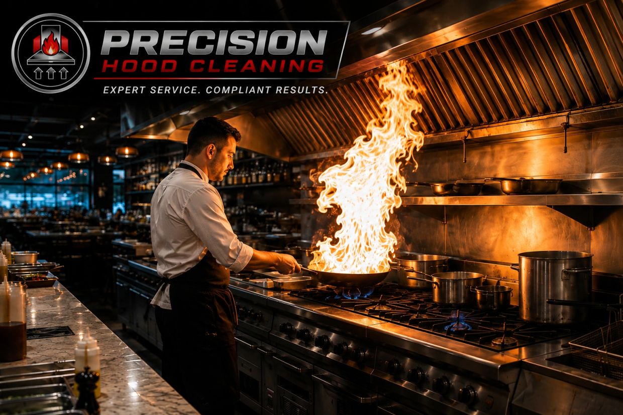 Precision Hood Cleaning commercial kitchen exhaust hood above active cooking line with chef and flam