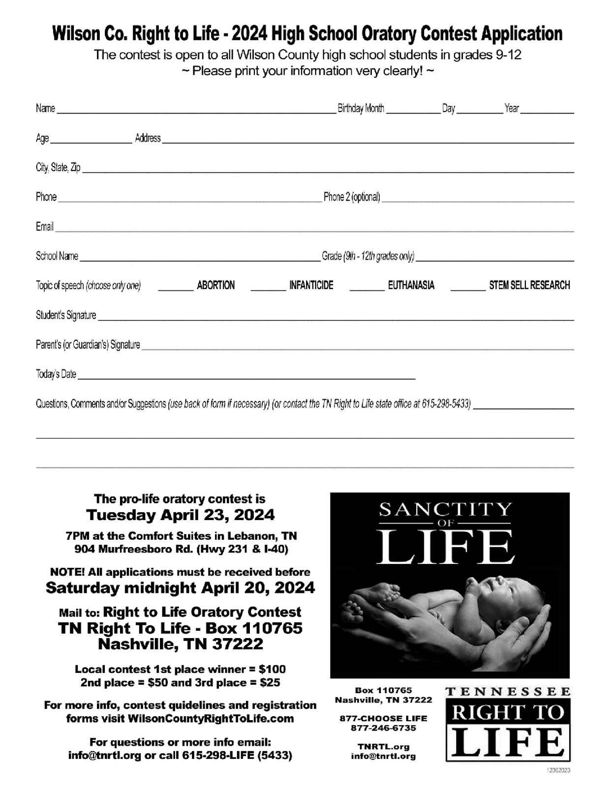 ORATORY CONTEST REGISTRATION FORM