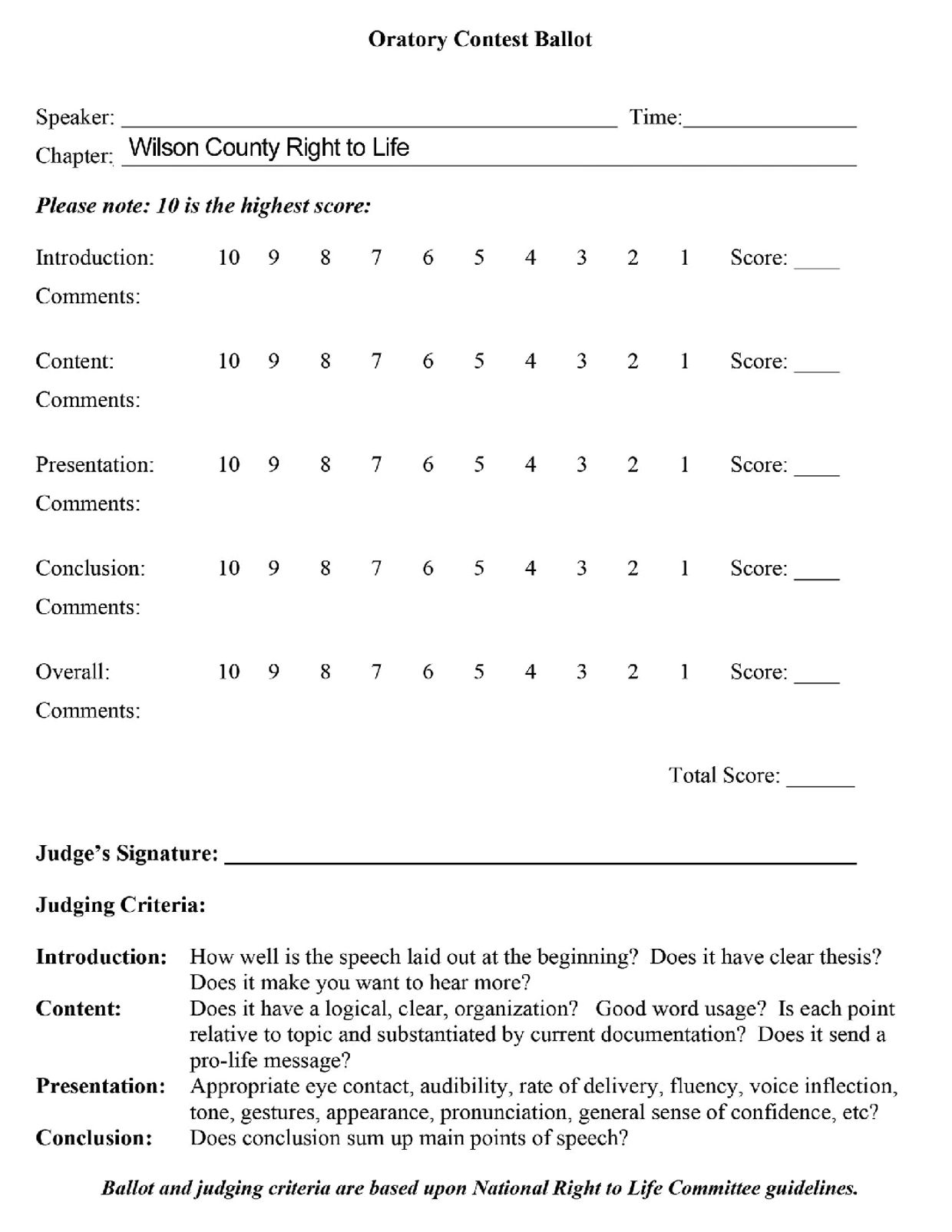 ORATORY CONTEST JUDGE'S TALLY SHEET