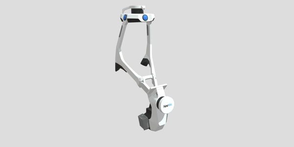 A sleek robotic arm with a futuristic design and blue sensors.