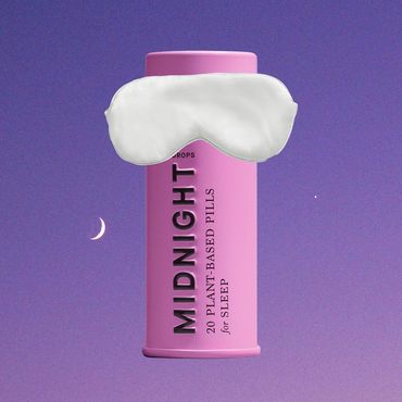 Pink bottle of plant-based sleep pills with a white sleep mask on a purple night sky background.