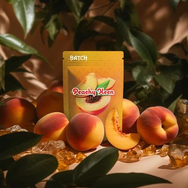 Peachy Keen product surrounded by fresh peaches and amber crystals.