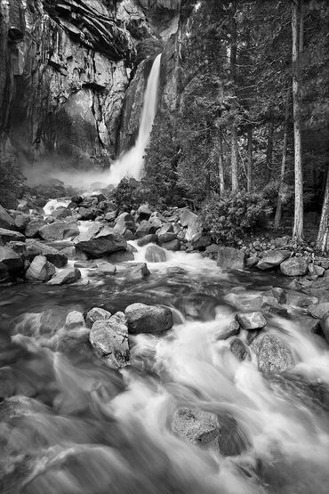 black and white photography,  Gerald Hill photography, lower Yosemite falls, flowing water, creek 