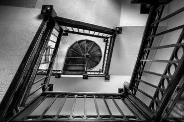 black and white photography,  Gerald Hill photography, architecture, old staircase  Kansas Masonic  