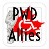 PWD Allies podcast logo with disability symbol on red maple leaf and podcast microphone