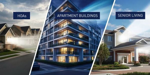 Visual comparison of HOAs, apartment buildings, and senior living communities.