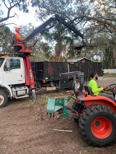 Efficient tree debris removal with grapple truck in Tampa Bay and Lutz, FL, by H&M Tree Service.