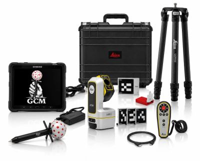 Leica surveying equipment kit with tripod and tablet.