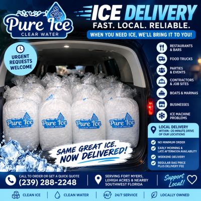 Pure Ice Clear Water local ice delivery with 20 lb ice bags for restaurants, events, contractors and