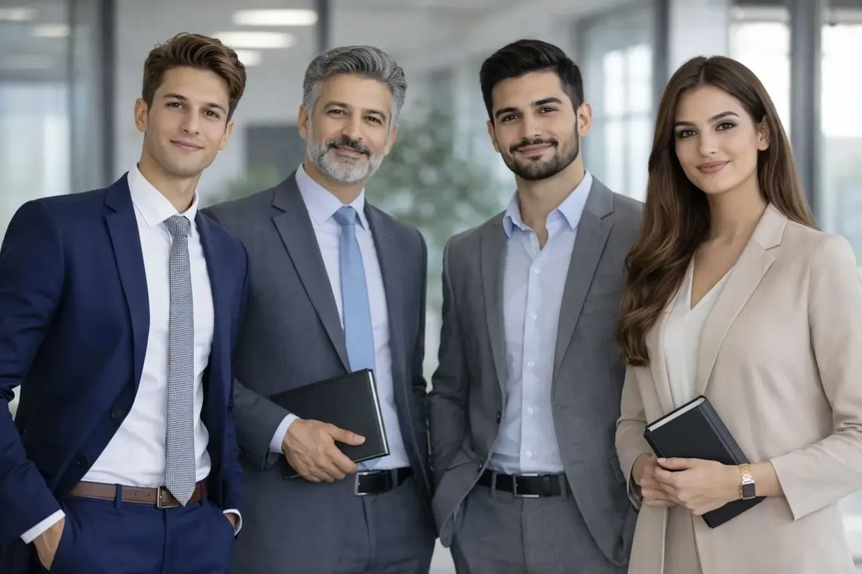 Four confident professionals posing together in an office setting.
