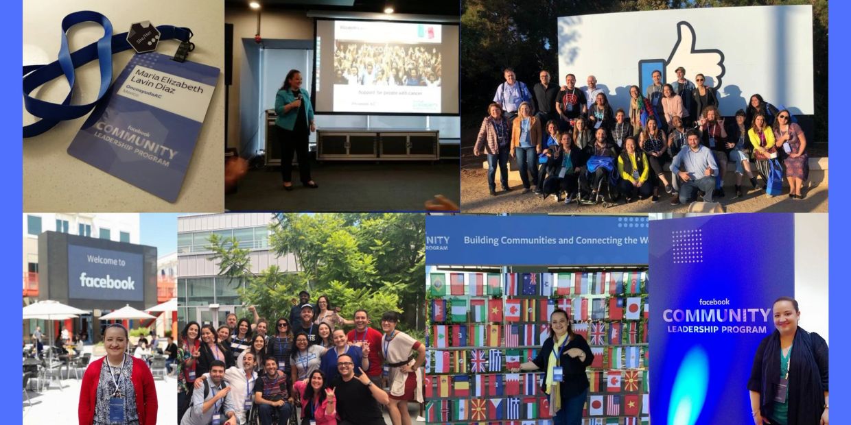 Collage de un evento de liderazgo comunitario de Facebook con participantes y actividades.