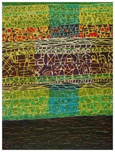 Encaustic on panel 
24x18x2.5
Things slant up, indicating optimism...sorry, I dabbled in handwriting