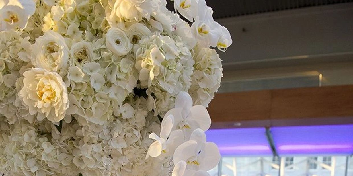Kimmel Center Hamilton Garden Tall Centerpiece Orchids Roses Peonies Ranunculus Hydrangeas
