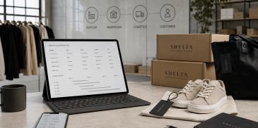 Un computer e scarpe da ginnastica su un tavolo in negozio.