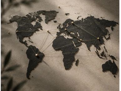 Mappa del mondo con fili dorati che collegano diverse regioni.