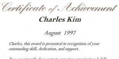 Certificate of achievement for Charles Kim from Boeing in 1997