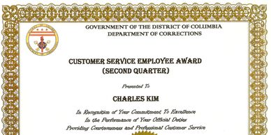 Customer Service Award for Charles Kim By DC Dept of Corrections in 2003