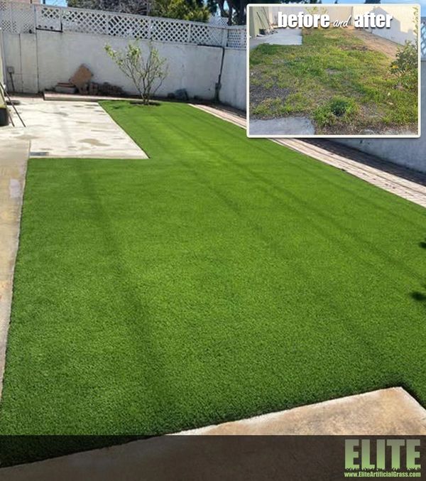 Backyard transformation with lush artificial grass replacing patchy weeds.