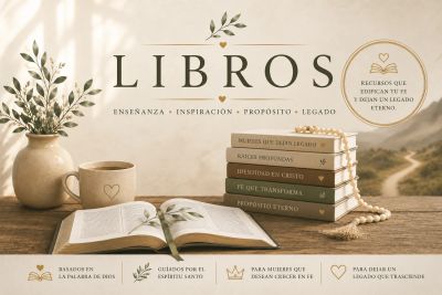 Stack of inspirational books titled 'Libros' with a serene background and symbolic elements.