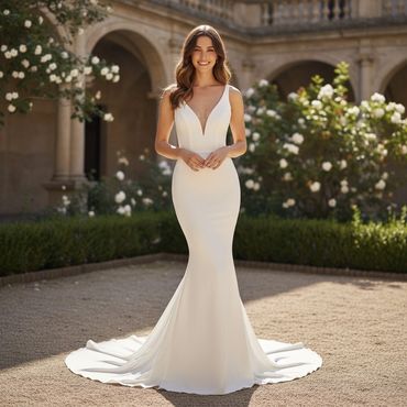 A bride in a sleek white wedding dress with a long train, smiling outdoors.
