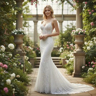 A bride in a lace wedding dress standing in a beautiful garden setting.