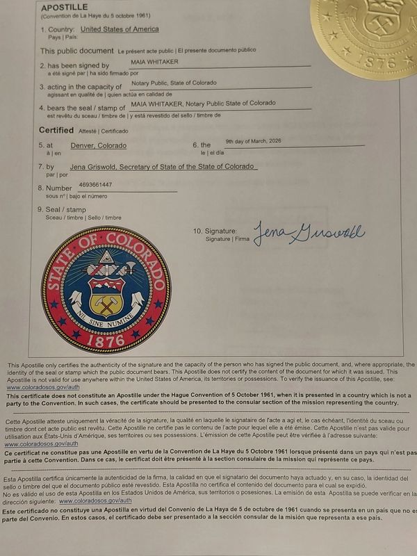 A notarized apostille document from Colorado dated March 9, 2026.