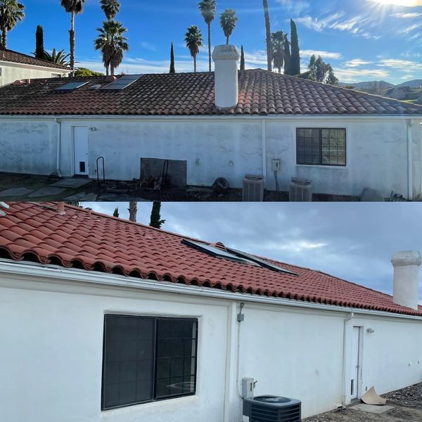 Before and after exterior siding and Spanish tile roof soft wash in Santa Ynez Valley by JM Precision Pressure Washing.