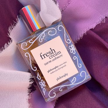 San Diego hand engraver calligrapher Philosophy fresh cream warm cashmere bottle scrolls florals