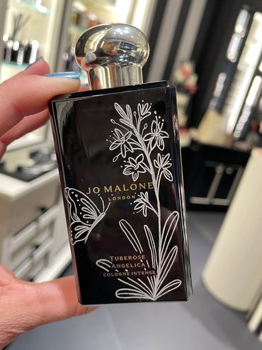 Lisa McCague San Diego calligrapher hand engraver jo malone tuberose cologne floral engraving