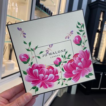 Jo Malone box hand painted pink peonies Lisa McCague San Diego calligrapher live event artist