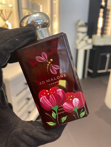 Jo Malone bottle painted with Scarlet poppies and dragonfly