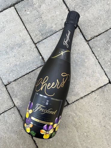 Bottle Painting Lisa McCague Freixenet cava pansies