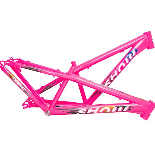 Bright pink mountain bike frame with bold white and black graphics.