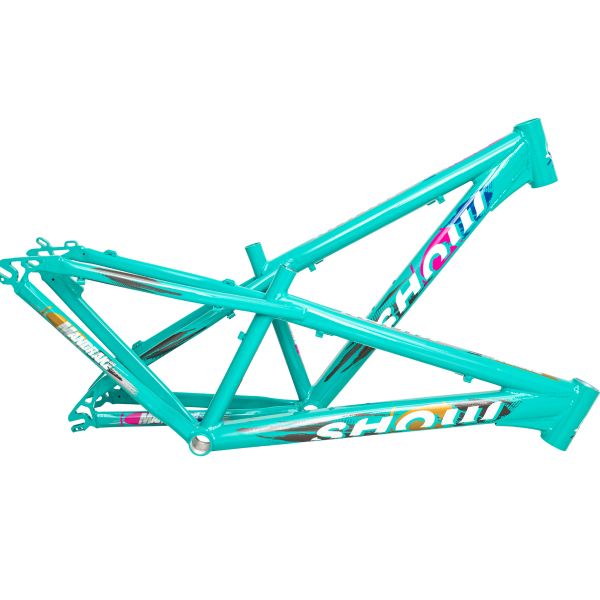 Turquoise Shout bike frame with vibrant branding and sturdy design.