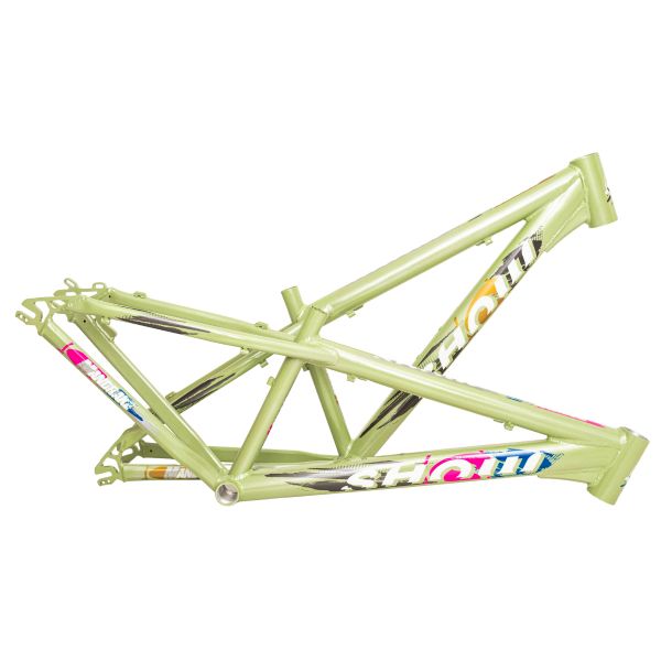 Light green bicycle frame with colorful decals on a white background.
