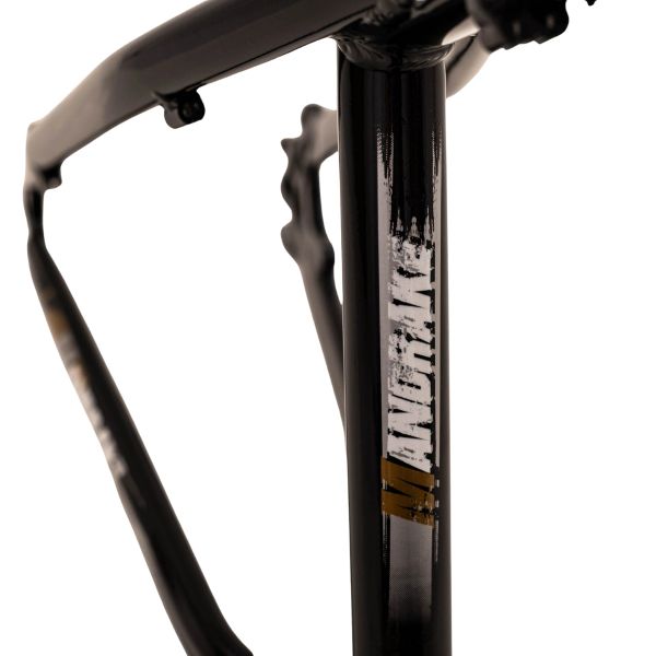 Close-up of a black bicycle frame with the word 'MOTION' on it.