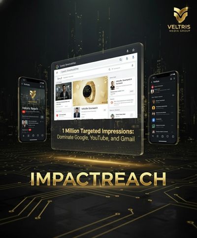 Promotional graphic for Veltris Media Group's ImpactReach targeting 1 million impressions.