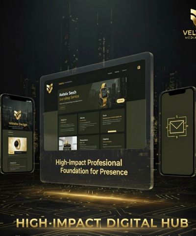Veltris Media Group showcasing a high-impact digital hub with sleek mobile and tablet interfaces.
