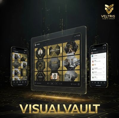 Digital VisualVault platform displayed on tablets and smartphones with a golden theme.