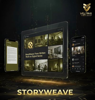 Digital storytelling platform StoryWeave shown on devices with Veltris Media branding.