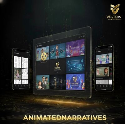 Digital devices display animated narratives from Veltris Media Group.